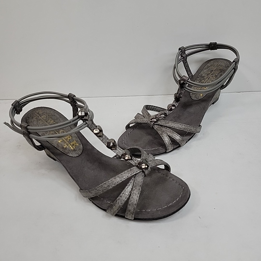 New York Transit Wedge Heels Sz 7 Rhinestone Strappy Silver Preppy Stylish Comfy